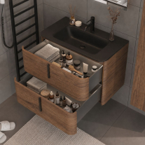 Mobilier suspendat pentru lavoar Fluminia Pisa 80 cm, front neted, 80 × 46 cm, tabacco, mâner negru